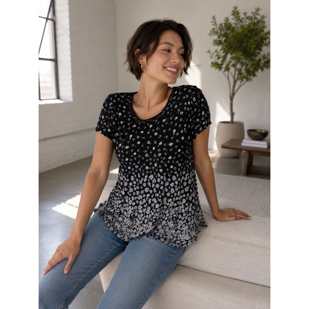 Black White Floral Peplum Top Women's Medium Rhinestone Collar Lined